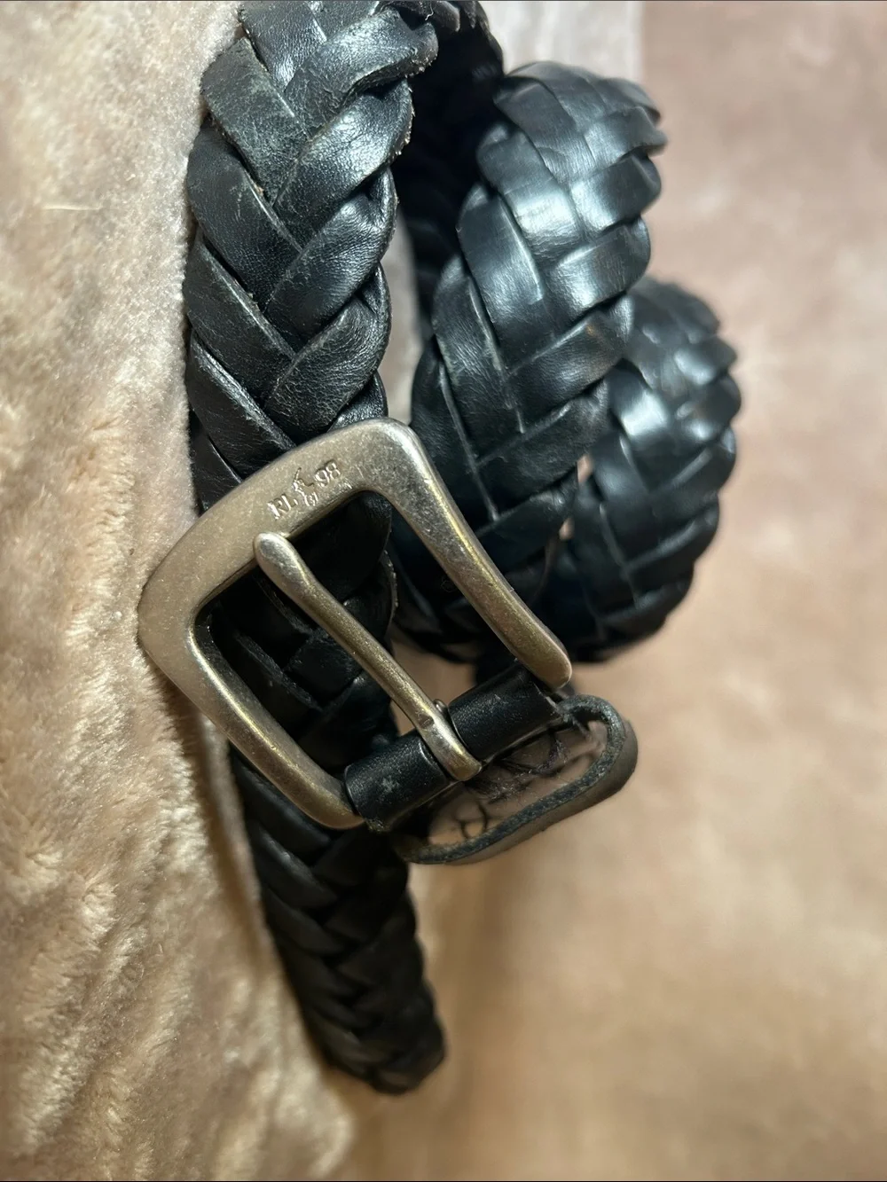 Polo Ralph Lauren Black Leather Braided Brass Buckle Pony Logo Belt 38 Preppy